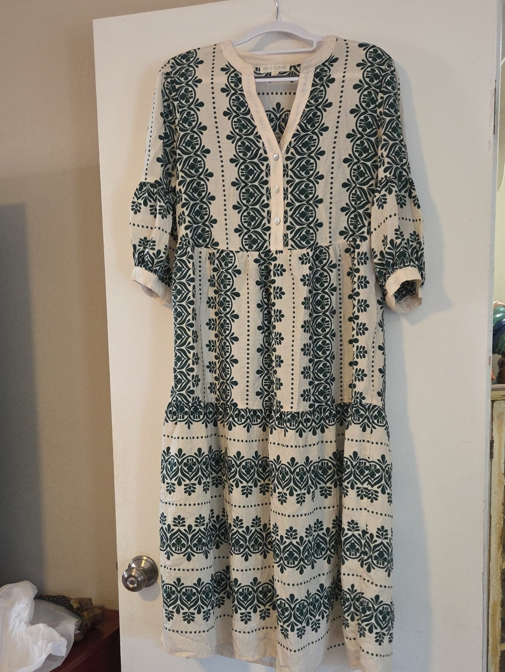 Bohemian Printed Cotton Midi Dress in Cream and Forest Green